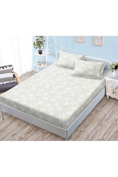 OEM Husa de Pat, cu Elastic, 3 Piese, Bumbac Satinat, 180x200cm, Imprimeu Stele, Gri Deschis-Alb
