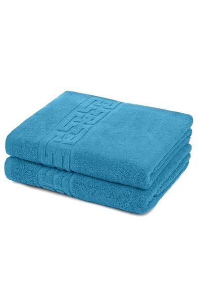 OEM Set 2 prosoape de baie, bumbac, model cu bordură grecească, 500 g/m², 70x140cm, albastru deschis