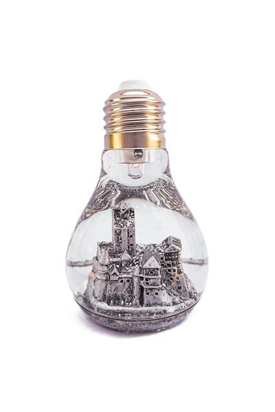 OEM Plastic Decorative Ornament with Liquid and Batteries, Bran Castle Design, Silver, 6x10 cm