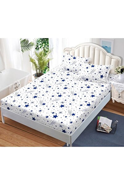 OEM Husa de Pat, cu Elastic, 3 Piese, Bumbac Satinat, 180x200cm, Imprimeu Bicolor Stele, Alb-Bleumarin