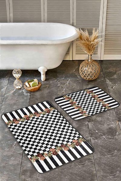 Realhomes Floral Black and White Checkered Striped Patterned 2-Piece Non-Slip Base Washable Bath Mat Set