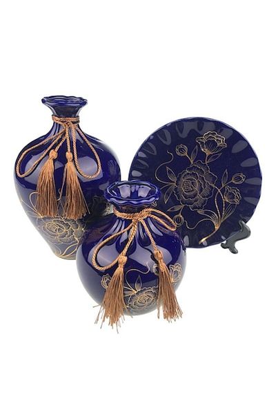 OEM Set din ceramica format din doua vaze de dimensiuni diferite si farfurie decorativa, cu flori desena