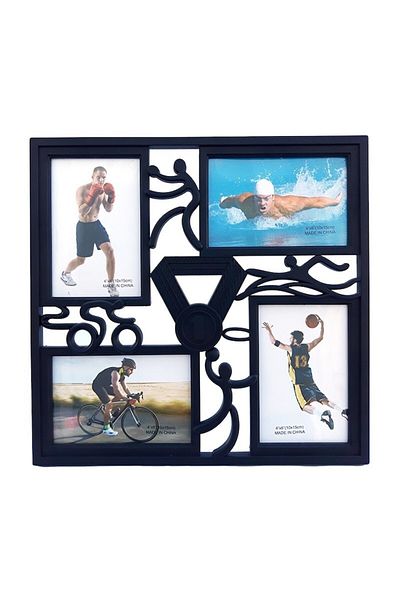 OEM Ramă foto din plastic cu sportivi și spațiu pentru patru fotografii, 33x32cm, neagră