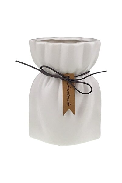 OEM Ceramic Vase in Sack Shape with Decorative String 16x23 cm White