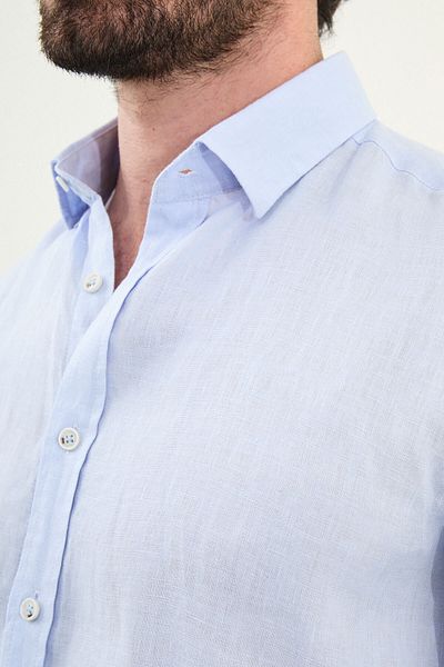 Mcr Plain Slim Fit Long Sleeve 100% Linen Men's Shirt Blue - 27079.25Y