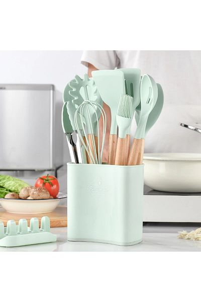 COOYA مجموعة أدوات مطبخ من السيليكون غير اللاصق، مكونة من 12 قطعة، مع حامل، مقاومة للحرارة (أخضر)