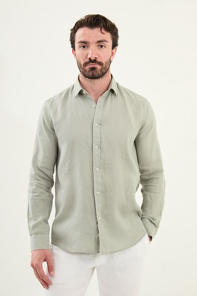 Mcr Plain Slim Fit Long Sleeve 100% Linen Men's Shirt Çağla - 27079.25Y