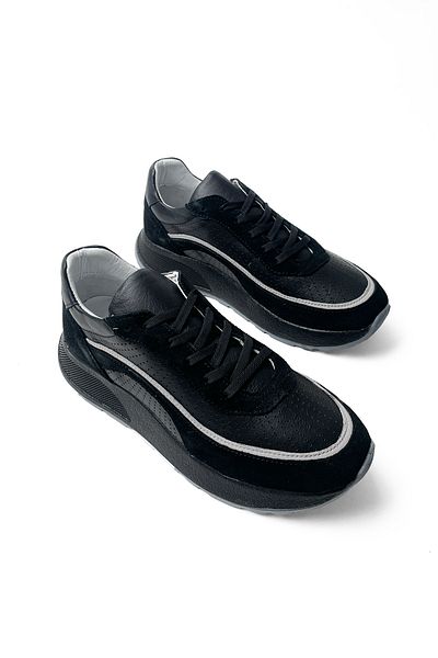 RABU Black Women's Genuine Leather Light Sole Hidden Heels Lace-Up Sports Shoes