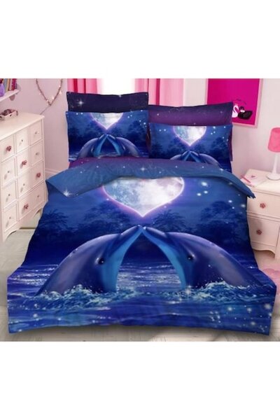 Pucioasa Set lenjerie de pat dublu, Pucioasa, imprimeu 3D cu delfini, 6 piese...