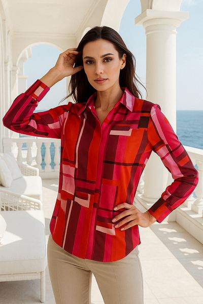 Rich Women's Red Satin Shirt - Desing Shirt with Hidden Button Detail