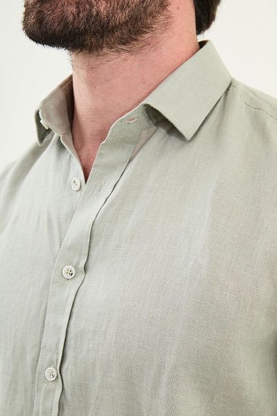 Mcr Plain Slim Fit Long Sleeve 100% Linen Men's Shirt Çağla - 27079.25Y