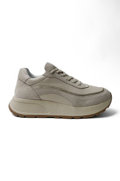 RABU Beige Women's Light Sole Genuine Leather Lace-Up Sports Shoes