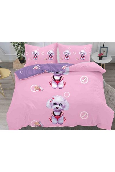 OEM Double Bed Linen Set, 4 Pieces, Cut Dog Print, Cotton Satin, Pink Multicolor