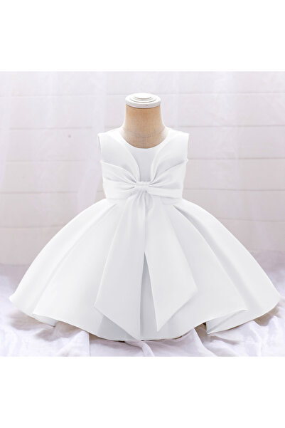 ddaniela Fluffy Party Dress with the Bowl in front for Girls White Colour