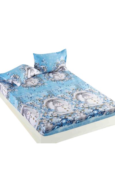 JOJO HOME Husa de pat si 2 fete de perna, Jojo Home, Finet, 2 persoane, 3 piese, Snowman & Globes, 180x200cm,