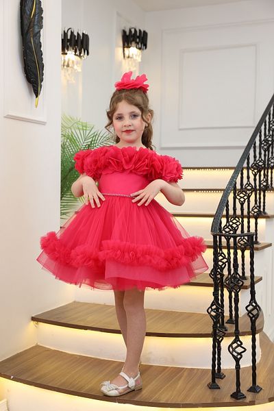 MİSS RAİN Fold-On Sleeves, Flowers, Low Shoulder, Stone Detail, Ruffle Skirt, Girl's Evening Dress