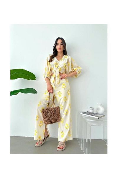 My Blog Yellow Green Embroidery Print Detailed Linen Suit - 8013