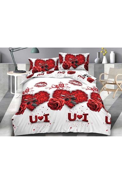OEM Double Bed Linen, 3D Heart Print, 4 Pieces, 2 Persons, 220x240 cm, Satin Cotton, White Red