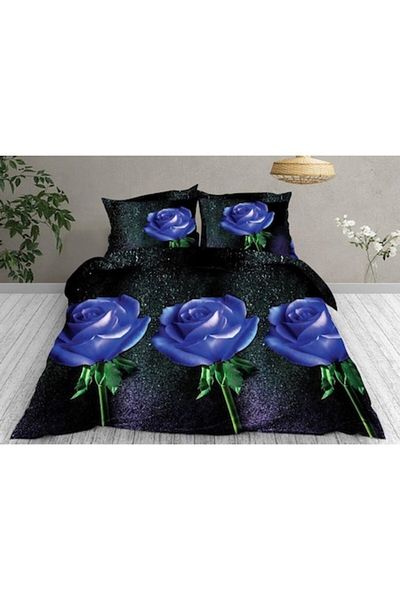 OEM Lenjerie de pat dublă cu imprimeu 3D, trandafir albastru, 4 piese, 220x240cm, bumbac satinat, bleumarin