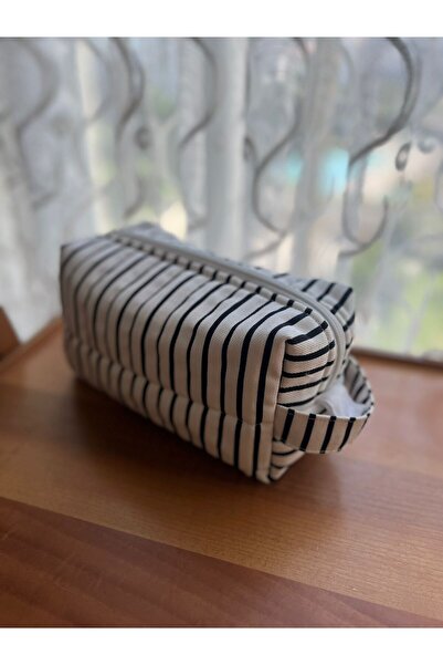 HelloPunch&Bags hellobagsstyle Beyaz çizgili Desenli Makyaj Çantası - Büyük Boy