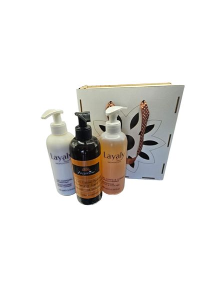 AZBANE -CASABLANCA - MAROC Set cutie lemn Lotiune de corp Layaly 400 ml, Gel de dus Layaly 400 ml,Sapun lichid Arganine 400 ml
