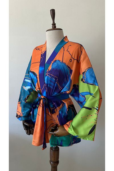 Glowear Atelier Women's Colorful Mixed Patterned Satin Design Kimono