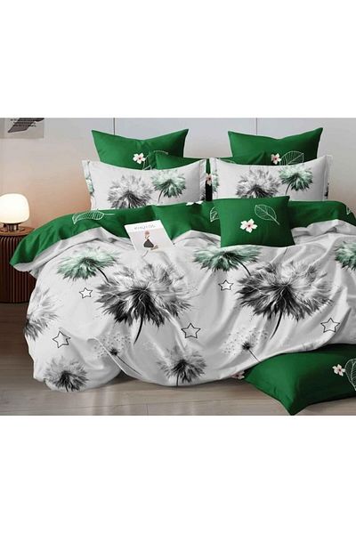 OEM Double Bed Linen Set, Reversible, Dandelion Print, 6 Pieces, 230x245cm, Finet, Gray-Emerald Green