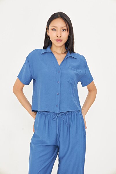 TIFFANY&TOMATO Cepli Kısa Keten Görünümlü Gömlek