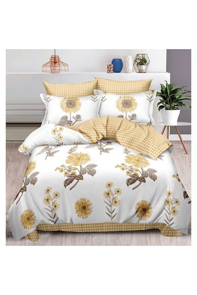 OEM Double-Sided Bedding Set, Yellow Flowers Print, 6 Pieces, 2 Persons, 180x200cm, Finet Satin
