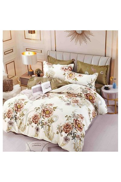 JOJO HOME Lenjerie de pat, Jojo Home, Imprimeu Trandafiri, 6 piese, 2 persoane, 245x250cm, Finet Superior, Bej