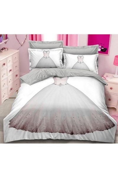 Pucioasa Lenjerie pat dublu 2 fete, Pucioasa, imprimeu 3D Rochie Mireasa, 6 piese, 2 persoane, 240x250cm, Fin