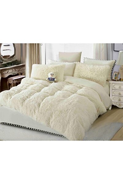 JOJO HOME Lenjerie de pat, Jojo Home, Fluffy, 2 persoane, 6 piese, Uni, 230x250cm, Alb Perlat