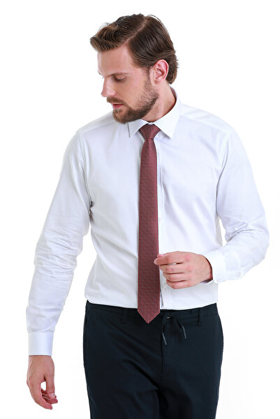 Hatemoğlu Beyaz Slim Fit Düz 100% Pamuk Slim Yaka Uzun Kollu Saten Gömlek