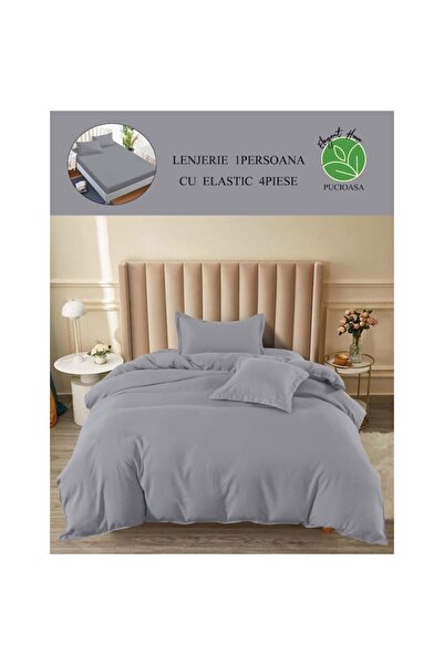 Pucioasa Lenjerie de pat, Pucioasa, Uni, 4 piese, 1 persoana, 140x200cm, Finet Satinat, Gri Cenusiu