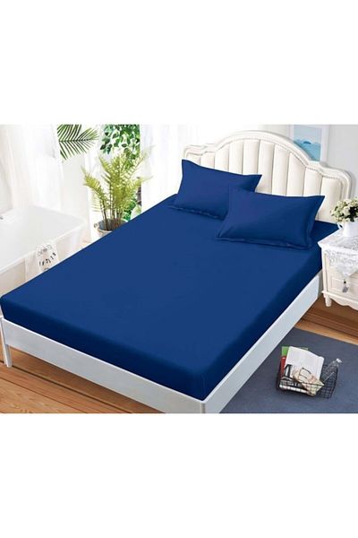Pucioasa Cearșaf și fețe de pernă pentru pat dublu, Pucioasa, Uni, 3 piese, 2 persoane, 180x200cm, Satin Fin, Bleumarin