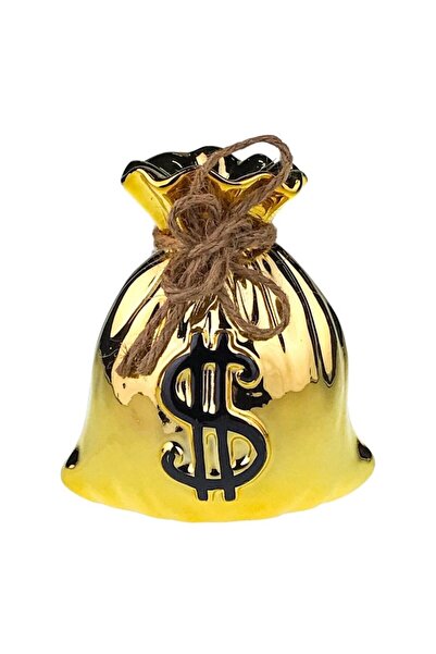 OEM Ceramic Piggy Bank Shaped Like a Pouch with Rope, 12x13 cm, Gold