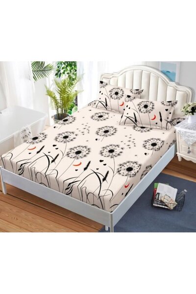 Pucioasa Bed Sheet and Pillowcases Set, Dandelion Print, 3 Pieces, Two Persons, 180x200cm, Finet Satin, Beige