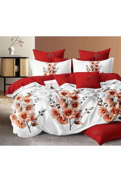 OEM Double Bedding Set, Reversible Sheet, Floral Print, 6-Piece, 2-Person, 230x245cm, Finet, White-Red