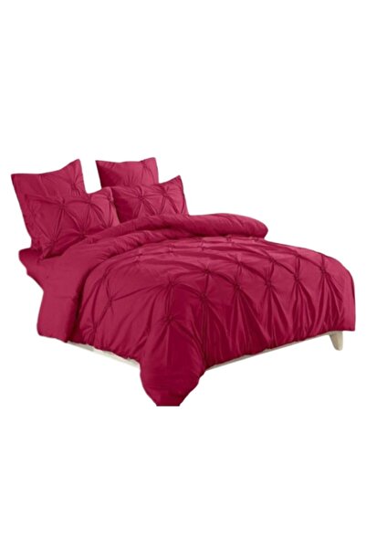 OEM Double Bed Linen, Solid Color, Pleated Embroidery Model, 6 Pieces, Finet, 230x250cm, Red