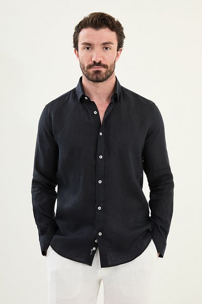 Mcr Plain Slim Fit Long Sleeve 100% Linen Men's Shirt Black - 27079.25Y