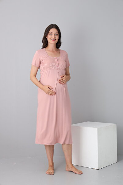 Miss Dünya Lissa Emzirmeye Uygun Dantel Detaylı Kısa Kol Hamile Gecelik