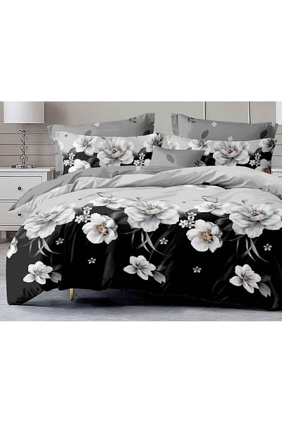 OEM Double Bed Sheet Set, Reversible, 6 Pieces, Floral Print, 230x245cm, Light Gray-Black