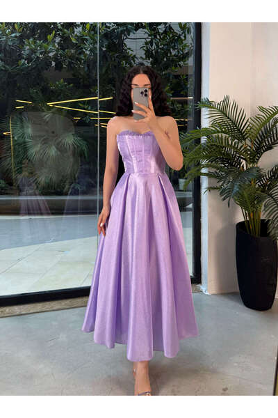 missswans Annet Dekoltesi Boncuk İşlemeli Straplez Korse Görünümlü Midi Boy Prenses Abiye Elbise Lila