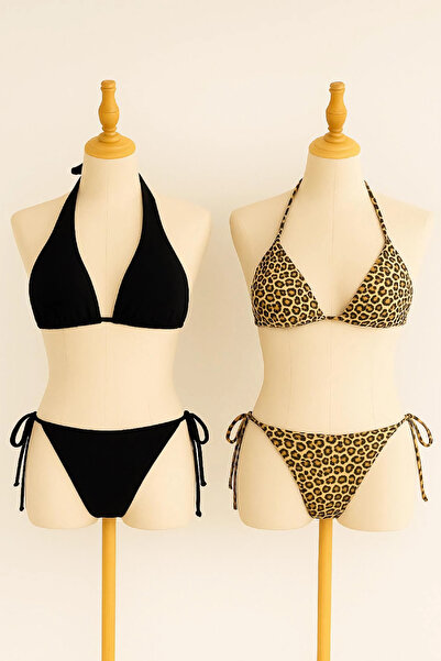 Imoda Kadın Siyah ve Leopar Yandan ve Boyundan Bağlamalı Bikini Mayo Takımı