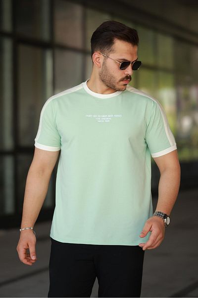Miron Men's Crew Neck Water Green Cream Stripe Detailed Embroidered 100% Cotton T-Shirt - 2533