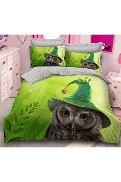 Pucioasa Set pat dublu cu imprimeu 3D bufniță, Pucioasa, 6 piese, satin fin, verde