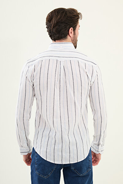 Mcr Ανδρικό πουκάμισο με ριγέ λεπτή εφαρμογή λινό λευκό-μπλε - 27078.25Y