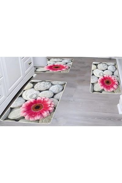 OEM Set 3 covoare de Baie, Antiderapant, imprimeu Gerbera, 50x60cm, 50x80cm, 60x100cm, Multicolor