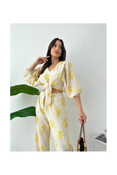 My Blog Yellow Green Embroidery Print Detailed Linen Suit - 8013
