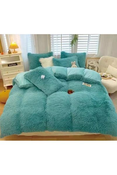 OEM Set de lenjerie de pat Fluffy pentru două persoane, 4 piese, Uni, 220x240cm, turcoaz